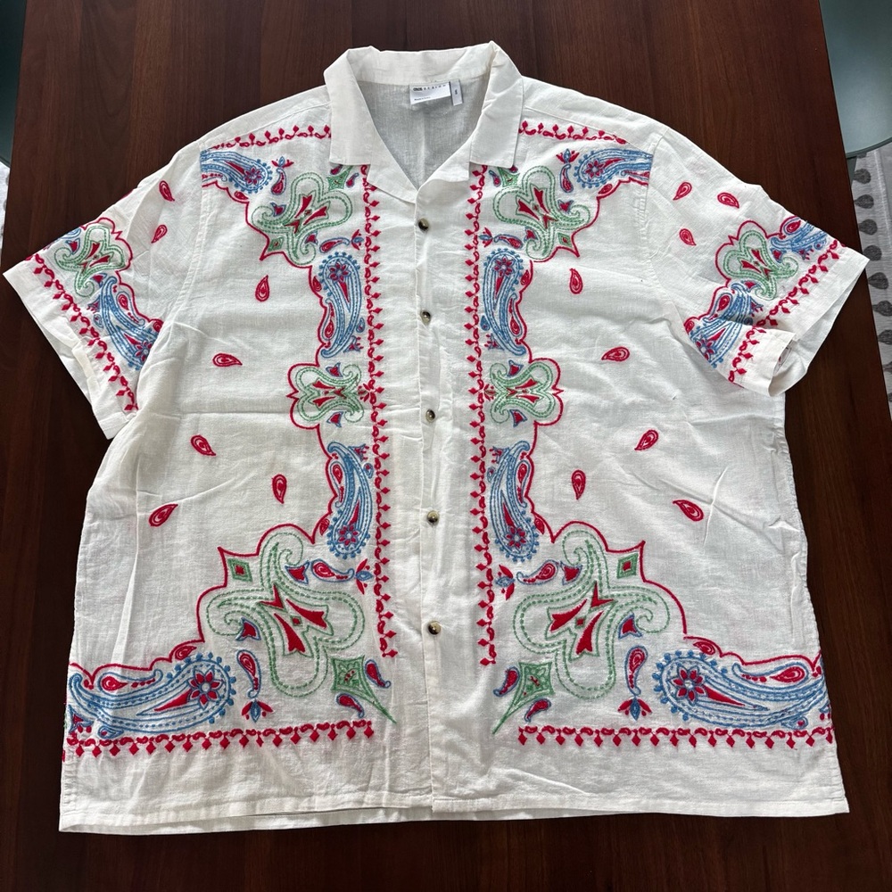 ASOS Men’s White Cotton Short Sleeve Shirt with Paisley Bandana Embroidery XXL
